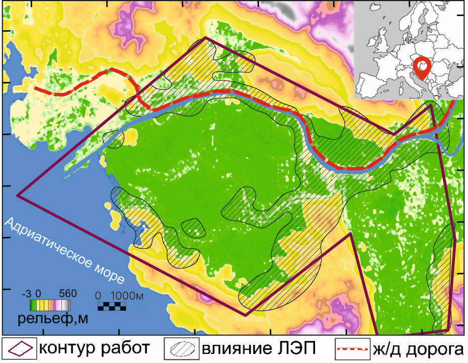 Рисунок 2. Контур участка работ на карте рельефа