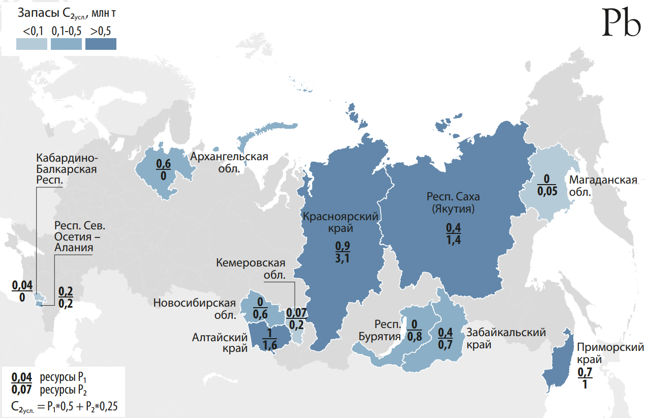 Распределение прогнозных ресурсов свинца категорий Р1 и Р2 между субъектами Российской Федерации, млн т