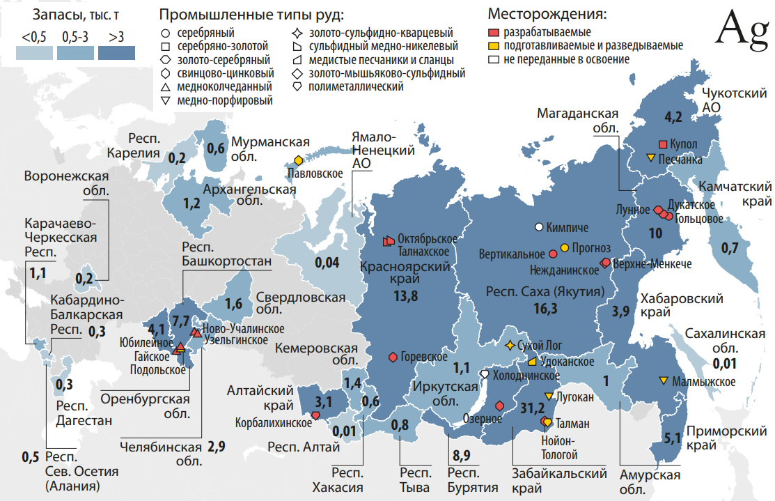 Распределение запасов серебра между субъектами Российской Федерации (тыс. т) и его основные месторождения