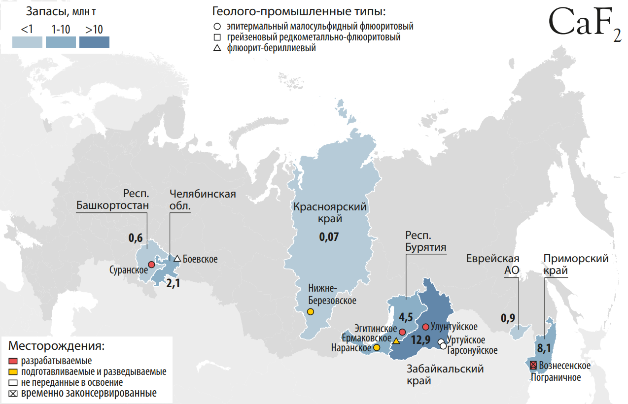 Распределение запасов плавикового шпата между субъектами Российской Федерации (млн т) и его основные месторождения